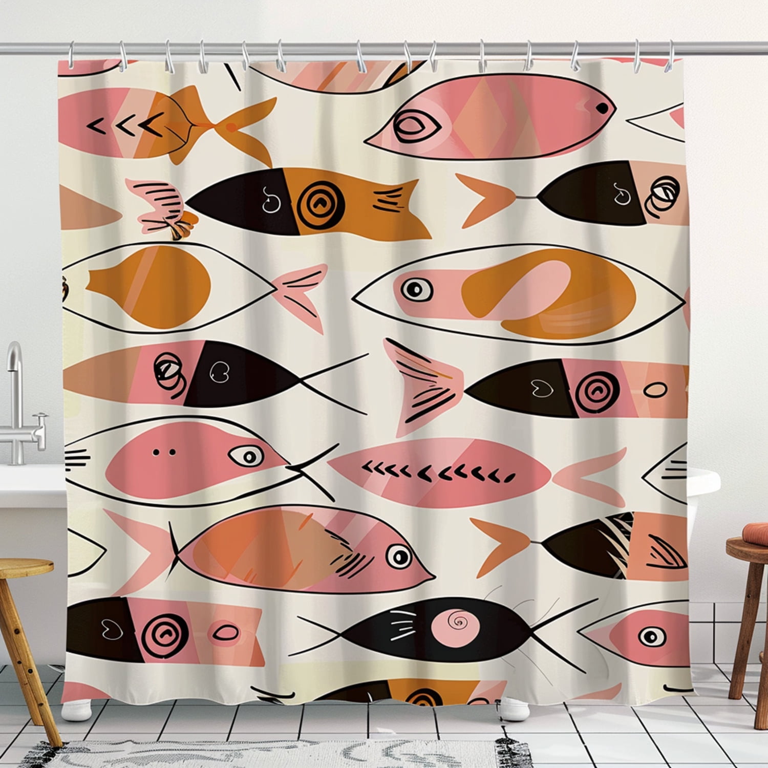 Colorful Fish Shower Curtain with Playful Streamlined Forms and Bold