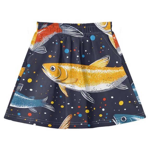 Colorful Fish Splash Pattern Cotton Skirt Built-in Liner Elastic A-Line Flared Skirt with Pockets