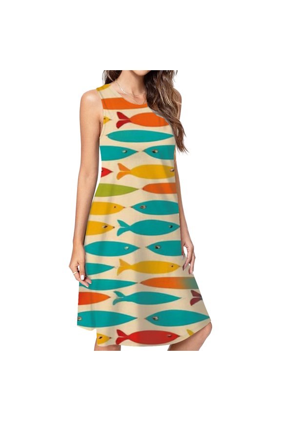 Colorful Fish Swim Art Print Dress Elegant Party Dresses Evening Dresses Women Dress Sleeveless Dress Ladies Dresses