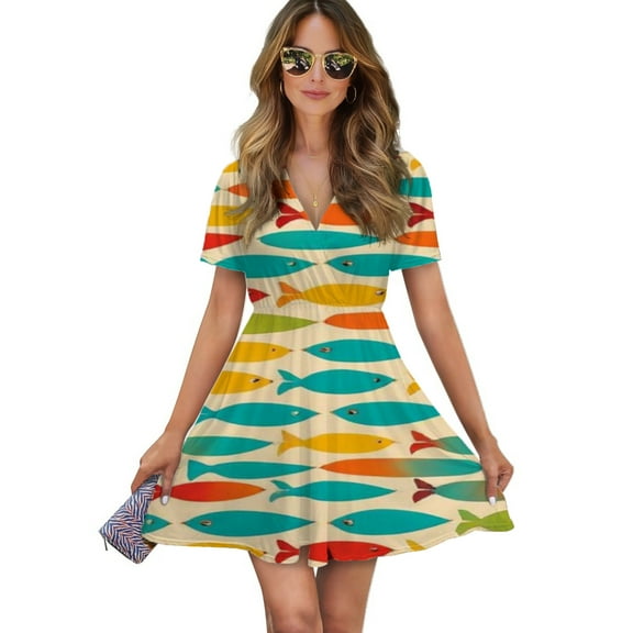 Colorful Fish Swim Art Print Women Dress V-Neck Short Sleeve Flowy Swing Party Midi Dress