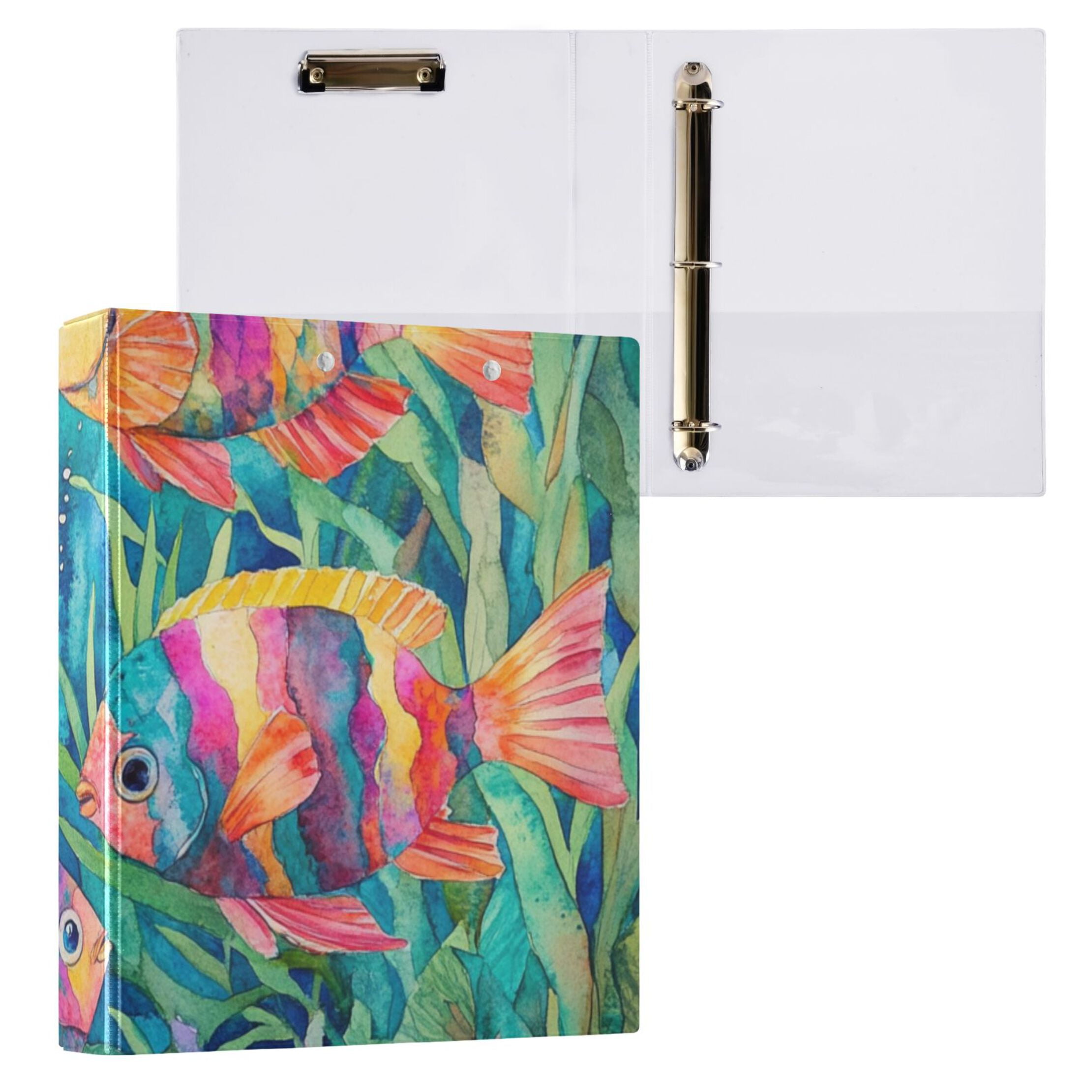 Colorful Fish Swimming 3 Ring Binders 1.5 inch Hardcover File Folders with Interior Pockets A4 Size Organizer for School Office Hospital Set of 2