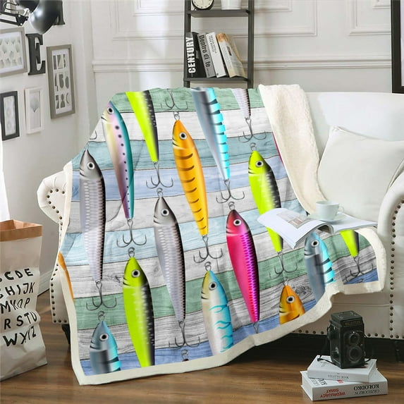 YST Colorful Fish Throw Blanket Baby Size, Fish Hook Fishing Fleece Blanket for Bed Couch, Western Rustic Farmhouse Sherpa Blanket Cabin Lodge Decor, Soft Microfiber Plush Bed Blanket