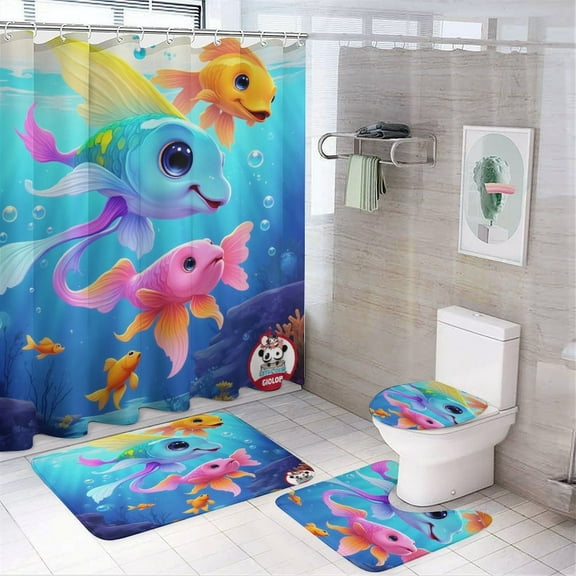 Colorful Fish Underwater Shower Curtain Bathroom Sets Toilet Lid Rug, Bath Mat And Contour Mat, Shower Curtain 4Pcs
