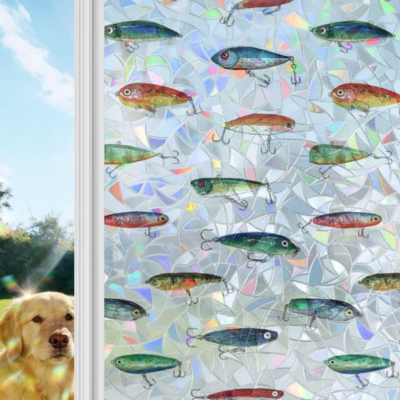 Colorful Fish Window Privacy Film Stain Glass, Reusable Decorative Rainbow Window Film, Watercolor Cartoon Fishing Non-Adhesive Static Cling Sun Blocking Stickers Decals Covers 17.7" x 39.3" (2pcs)