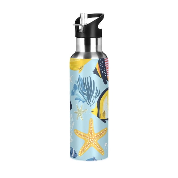 Colorful Fishes Leaves Starfishes Sports Bottle with Straw Stainless Steel Water Jug Portable Thermal Cup Leak-proof 600ML