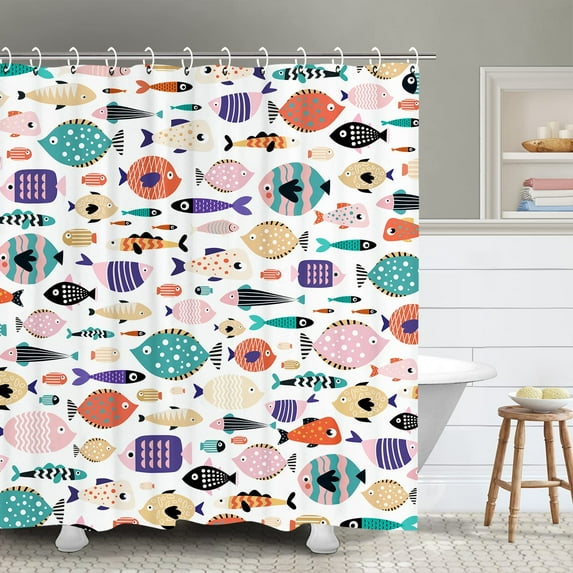 Colorful Fishes Shower Curtain, Kids Shower Curtains Set with 12 Hooks, Waterproof Shower Curtain for Bathroom, 72 x 72 Inch, Cartoon Fun Fishes Ocean Animals Bath Curtains