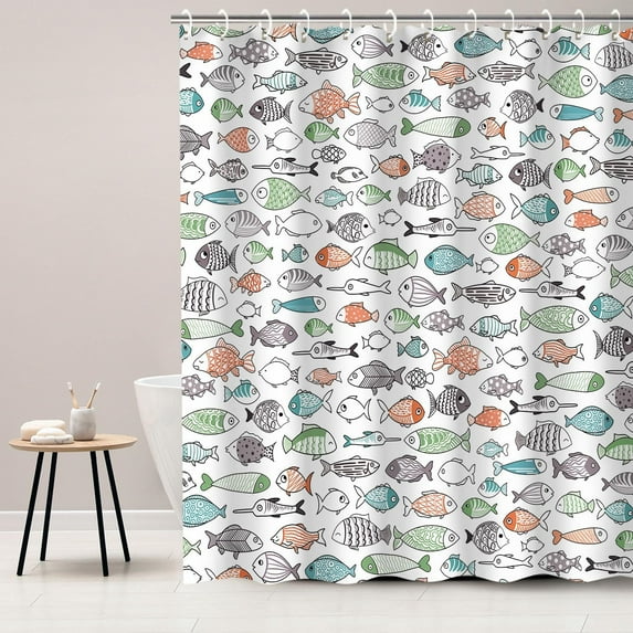 Colorful Fishes Shower Curtain, Kids Shower Curtains Set with 12 Hooks, Waterproof Shower Curtain for Bathroom, 72 x 72 Inch, Cartoon Fun Fishes Ocean Animals Bath Curtains