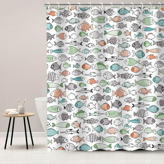 Colorful Fishes Shower Curtain, Kids Shower Curtains Set with 12 Hooks, Waterproof Shower Curtain for Bathroom, 72 x 72 Inch, Cartoon Fun Fishes Ocean Animals Bath Curtains