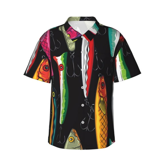 Colorful Fishing Bait Hawaiian Shirts For Men, Summer Short-Sleeve Relaxed-Fit Button-Down Shirts Xx-Large