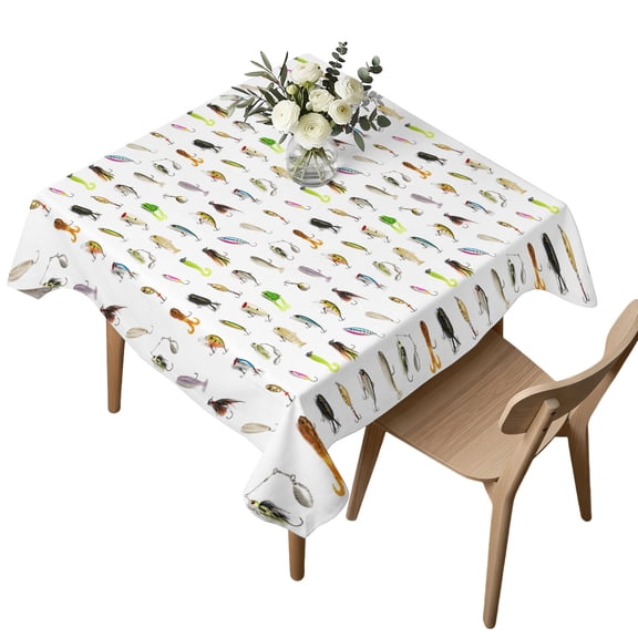 Colorful Fishing Bait Table Cloth, Waterproof Tablecloth for Square Tables, Vintage Farmhouse Lure Fish Washable Fabric Table Cover for Restaurant Kitchen Dining Tables 54"x54"