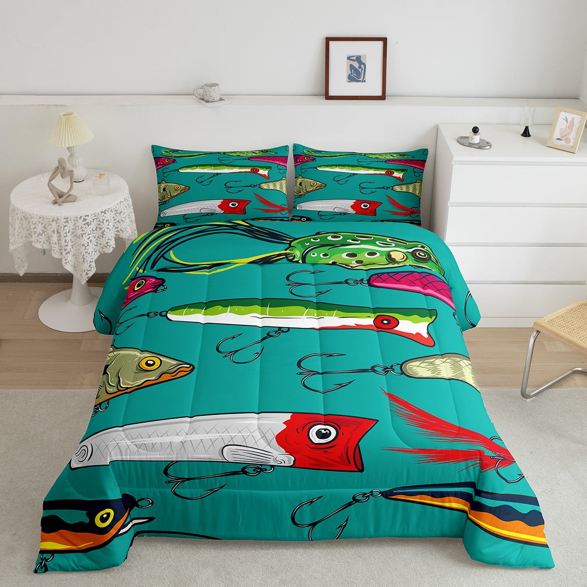 Colorful Fishing Lures Comforter Set Full, Vintage Bedding For Teens Boys  Men, Blue Yellow Ocean Marine Bedding Comforter Sets, Fishing Hooks Room