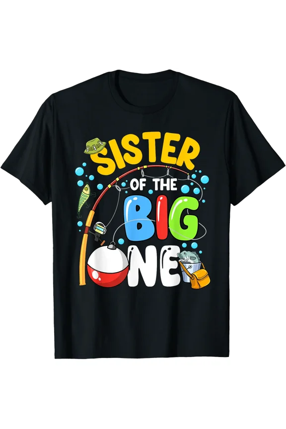Colorful Fishing Theme T-Shirt for Sister of the Big One Birthday Celebration