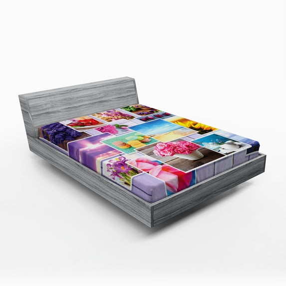 Colorful Fitted Sheet, Collage of Different Photos on Wooden Background Flowers Macaroons Pastries Beach, Soft Decorative Fabric Bedding, Full Size, Multicolor, by Ambesonne