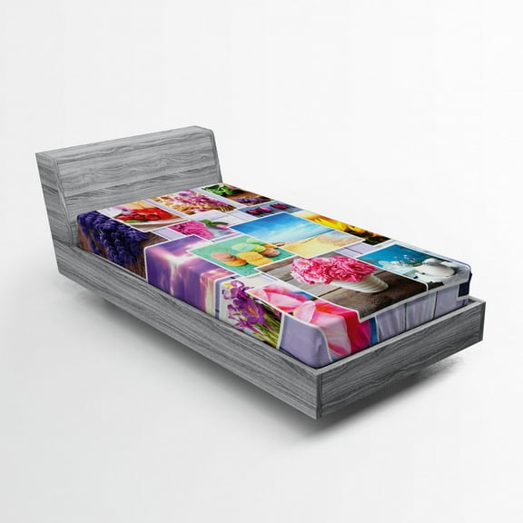 Colorful Fitted Sheet, Collage of Different Photos on Wooden Background Flowers Macaroons Pastries Beach, Soft Decorative Fabric Bedding, Twin XL Size, Multicolor, by Ambesonne