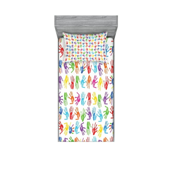 Colorful Fitted Sheet & Pillow Sham Set, Human Handprint Watercolor Paint Effect Open Palms Collage Art Work Print, Decorative Printed 4 Piece Bedding Decor Set, Twinxl, Multicolor, by Ambesonne