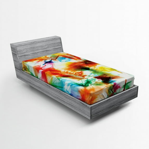 Colorful Fitted Sheet Psychedelic Blurry Mix of Feathers Pure Energy of Love and Life Wing Art, Soft Decorative Fabric Bedding, Multicolor, by Ambesonne