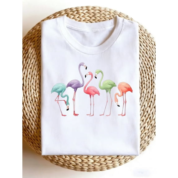 Colorful Flamingo Graphic T‑Shirt for Women, Tropical Casual Short Sleeve Summer Tee