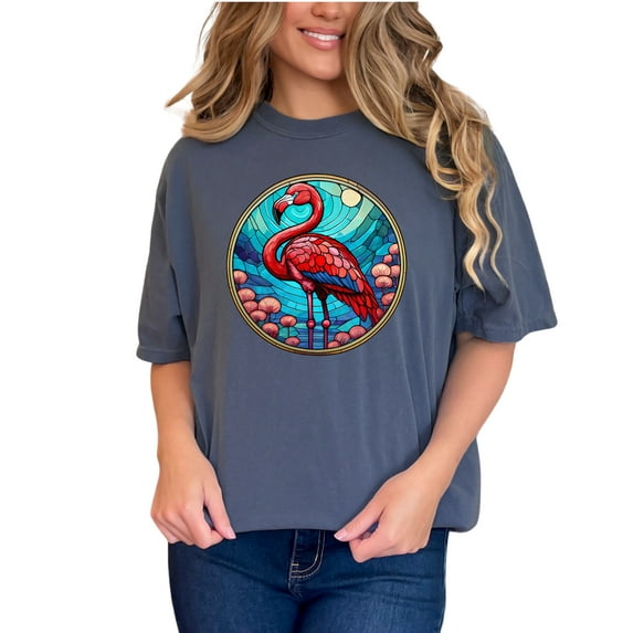 Colorful Flamingo T Shirt, Flamingo Art Tee, Vibrant Bird Graphic Shirt, Summer Beachwear, Unique Animal Design Shirt, Gift for Her, Denim Comfort Colors T-Shirt, Small