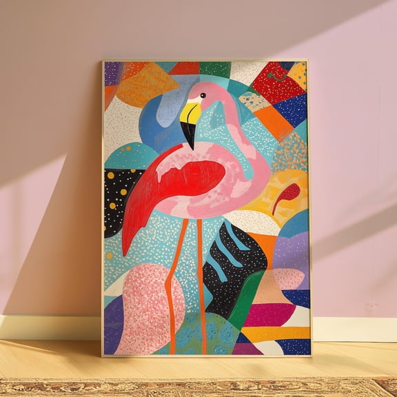 Colorful Flamingo Tropical Boho Wall Art, Stretched Canvas Size 8x12