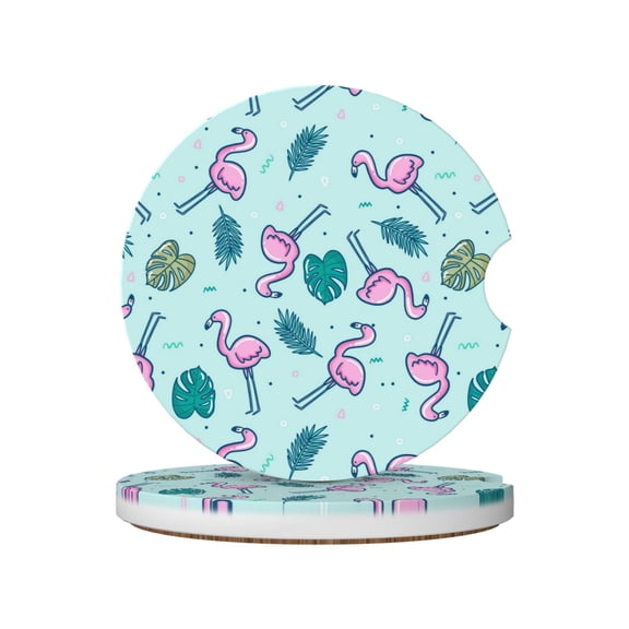 Colorful Flamingo Tropical Leaf Absorbent Ceramic Car Coasters, 2-Piece Set with Non-Slip Cork Base for Auto Cup Holders