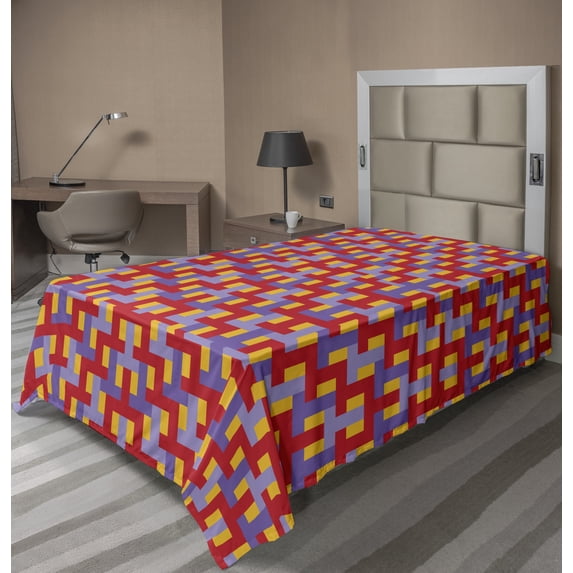 Colorful Flat Sheet, Abstract Toned Chunky Rectangle Stripes Overlapping Geometrical Art, Soft Comfortable Top Sheet Decorative Bedding 1 Piece, 6 Sizes, Orange Red and Violet, by Ambesonne