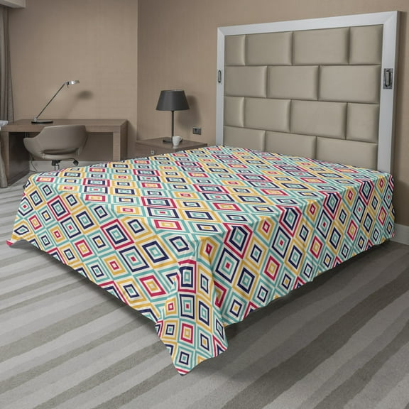 Ambesonne Colorful Flat Sheet, Diagonal Squares Retro, King Size, Multicolor