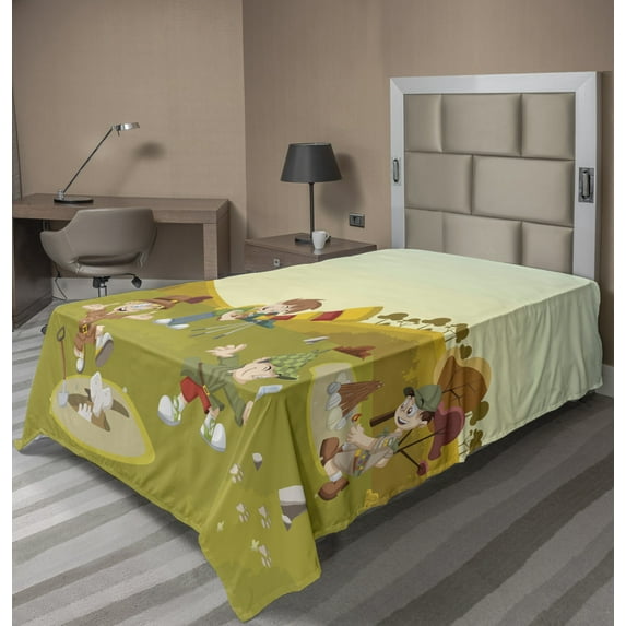 Colorful Flat Sheet, Group of Cartoon Explorer Boys on the Field Exploring Discovering Having Fun, Soft Comfortable Top Sheet Decorative Bedding 1 Piece, 6 Sizes, Multicolor, by Ambesonne