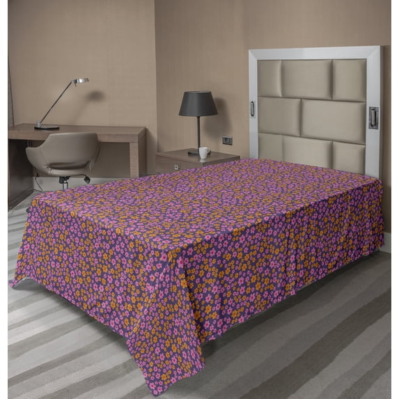Colorful Flat Sheet, Happy Floral Scene Pattern of Simplistic Petals Botanical Details, Soft Comfortable Top Sheet Decorative Bedding 1 Piece, 6 Sizes, Orange Purple and Pink, by Ambesonne