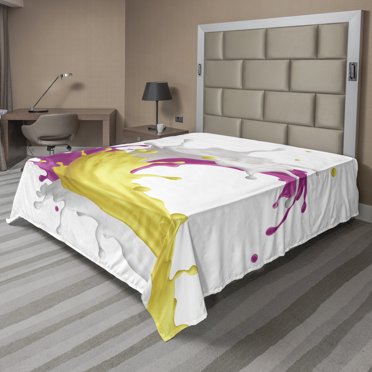 Colorful Flat Sheet, Mixed Fruit Drink Splash Photo Strawberry Banana Milk Fountain, Soft Comfortable Top Sheet Decorative Bedding 1 Piece, 6 Sizes, Pink Yellow and White, by Ambesonne