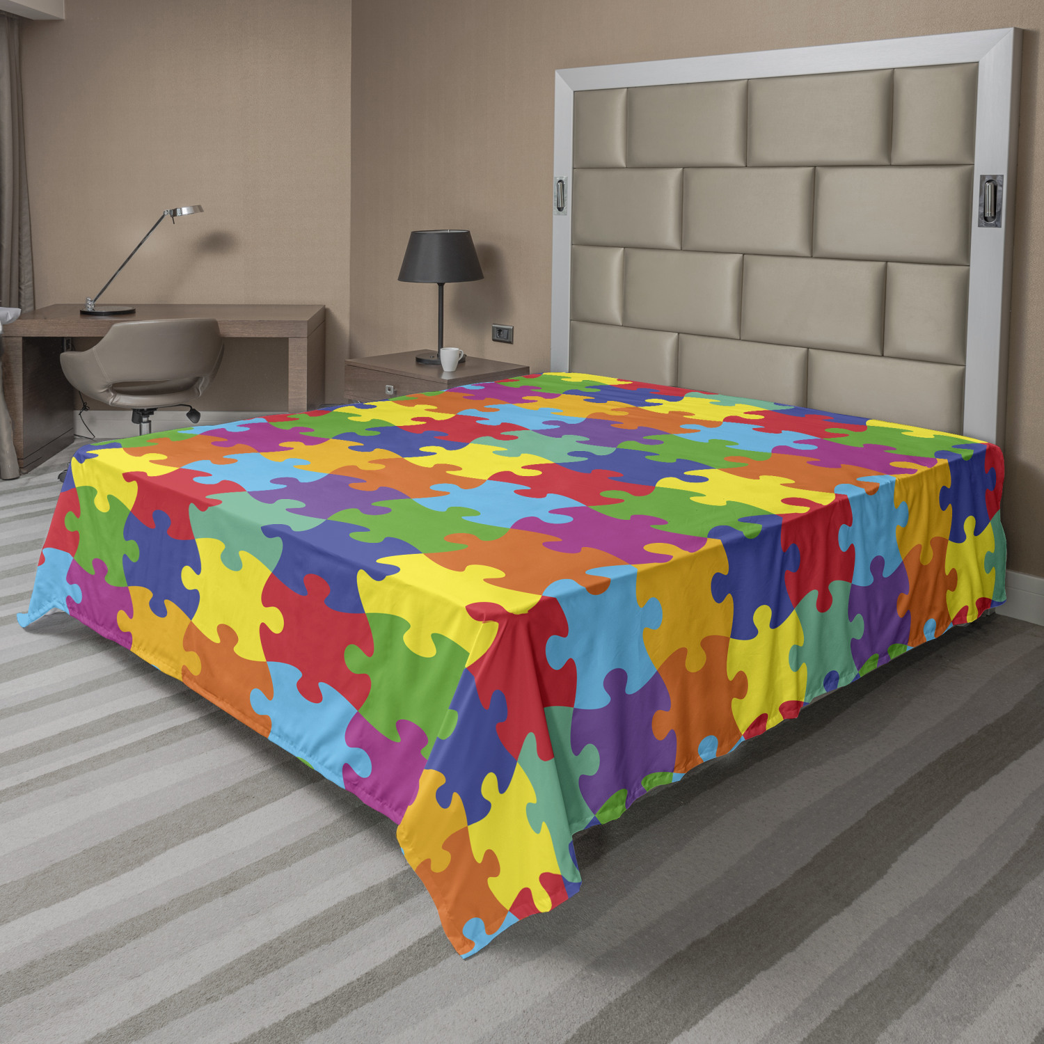 Colorful Flat Sheet, Nursery Theme Inspired Rainbow Colored Jigsaw