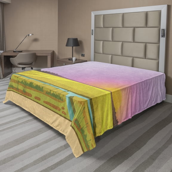 Ambesonne Colorful Flat Sheet, Sunset Country River, Full Size, Multicolor