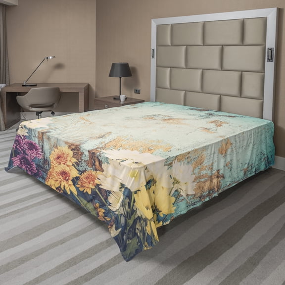 Colorful Flat Sheet, Vintage Style Wooden Background Image Ornamented of Flower Bouquets, Soft Comfortable Top Sheet Decorative Bedding 1 Piece, 6 Sizes, Seafoam and Multicolor, by Ambesonne