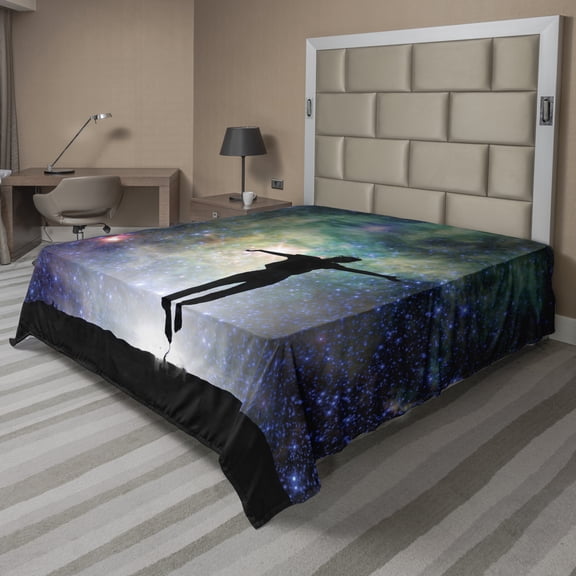 Colorful Flat Sheet, Woman Silhouette Jumping Under Starry Night Milky Way Galaxy Image Art Print, Soft Comfortable Top Sheet Decorative Bedding 1 Piece, 6 Sizes, Multicolor, by Ambesonne