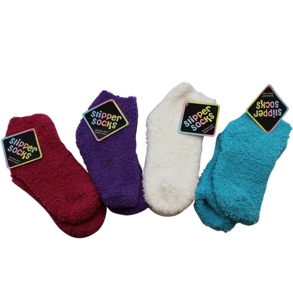 Colorful Fleece Slipper Socks - 4-Pair Pack (Size 6 - 8.5.)