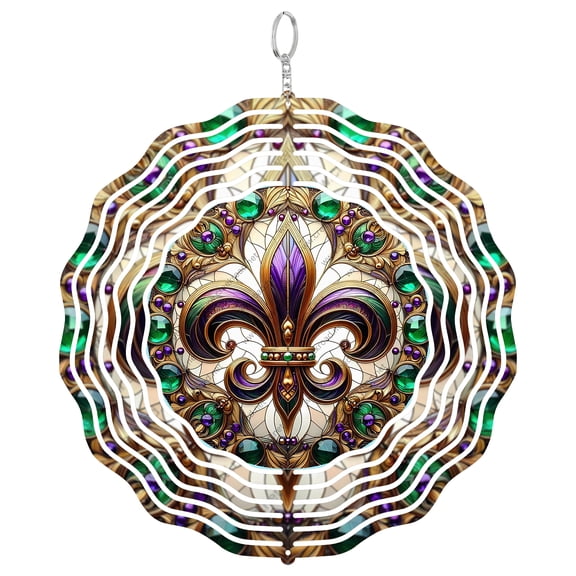 Colorful Fleur De Lis Green Gem 3D Wind Spinner Kinetic Art Stainless Steel Laser Cut Mardi Gras Round