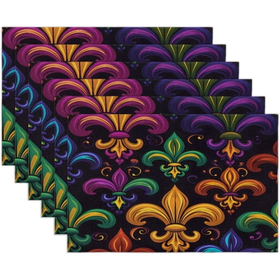 Colorful Fleur De Lis Placemat Set of 6 Mardi Gras Washable Place Mats for Dinner Table Heat Resistant Table Mats for Party Kitchen Dining Decoration