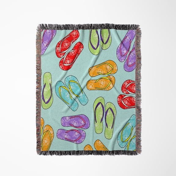 Colorful Flip Flop Print - Blue Background, Woven Blanket