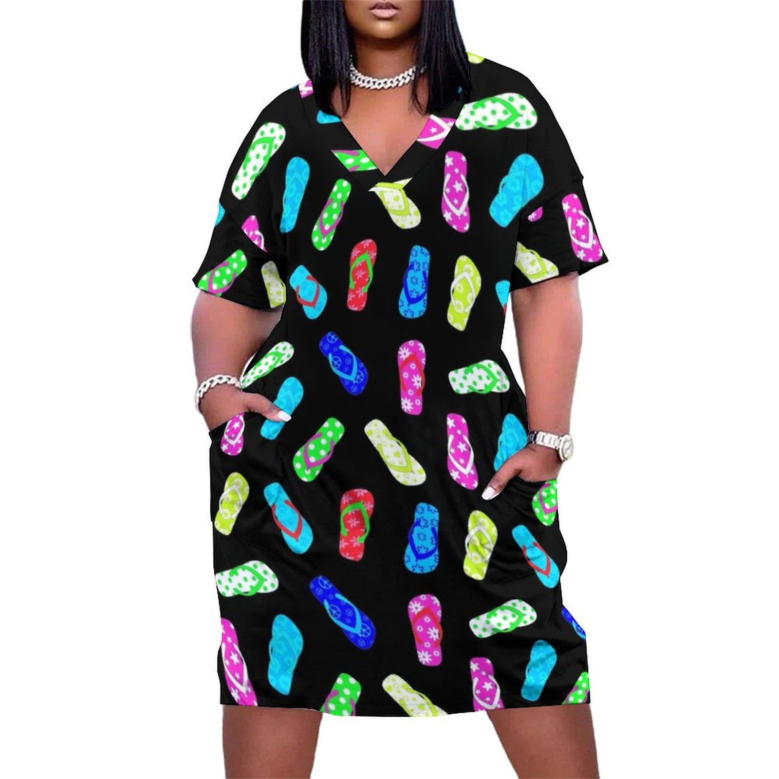 Colorful Flip Flop Sandals Black Loose Pocket Dress beach outfits for