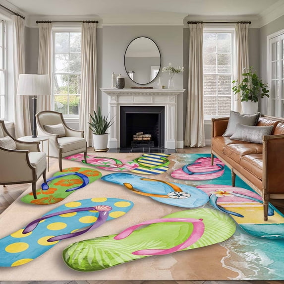 Colorful Flip Flops Area Rug 6x9 FT, Non Slip Living Room Throw Carpet, Summer Blue Beach Ocean Washable Soft Large Floor Carpet Non-Shedding Rug for Bedroom Dining Room Play Room