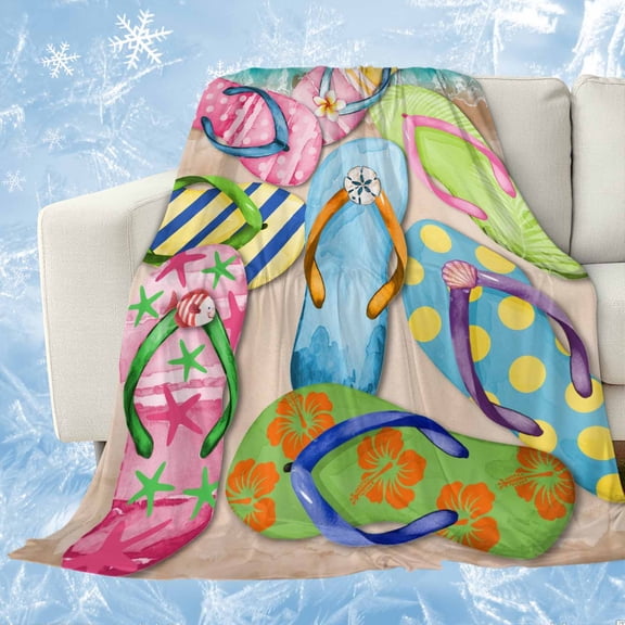 Colorful Flip Flops Cooling Blanket for Hot Sleepers, Soft Breathable Cool Summer Blanket for Night Sweats, Summer Blue Beach Ocean Lightweight Ice Silk Bed Throw Blankets All Season 50"x60"