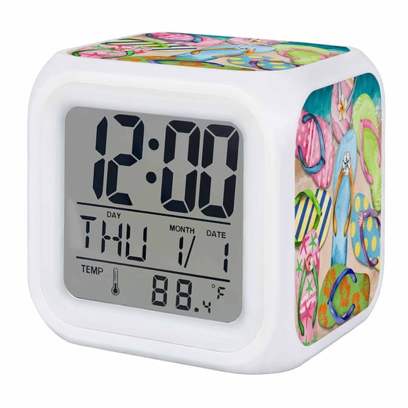 Colorful Flip Flops Digital Alarm Clock for Bedrooms, Smart LED Alarm Clock with 7 Color Changing Night Light, Summer Blue Beach Ocean Silent Wake Up Clocks for Sleep Study Cooking 3.2"x3.2"