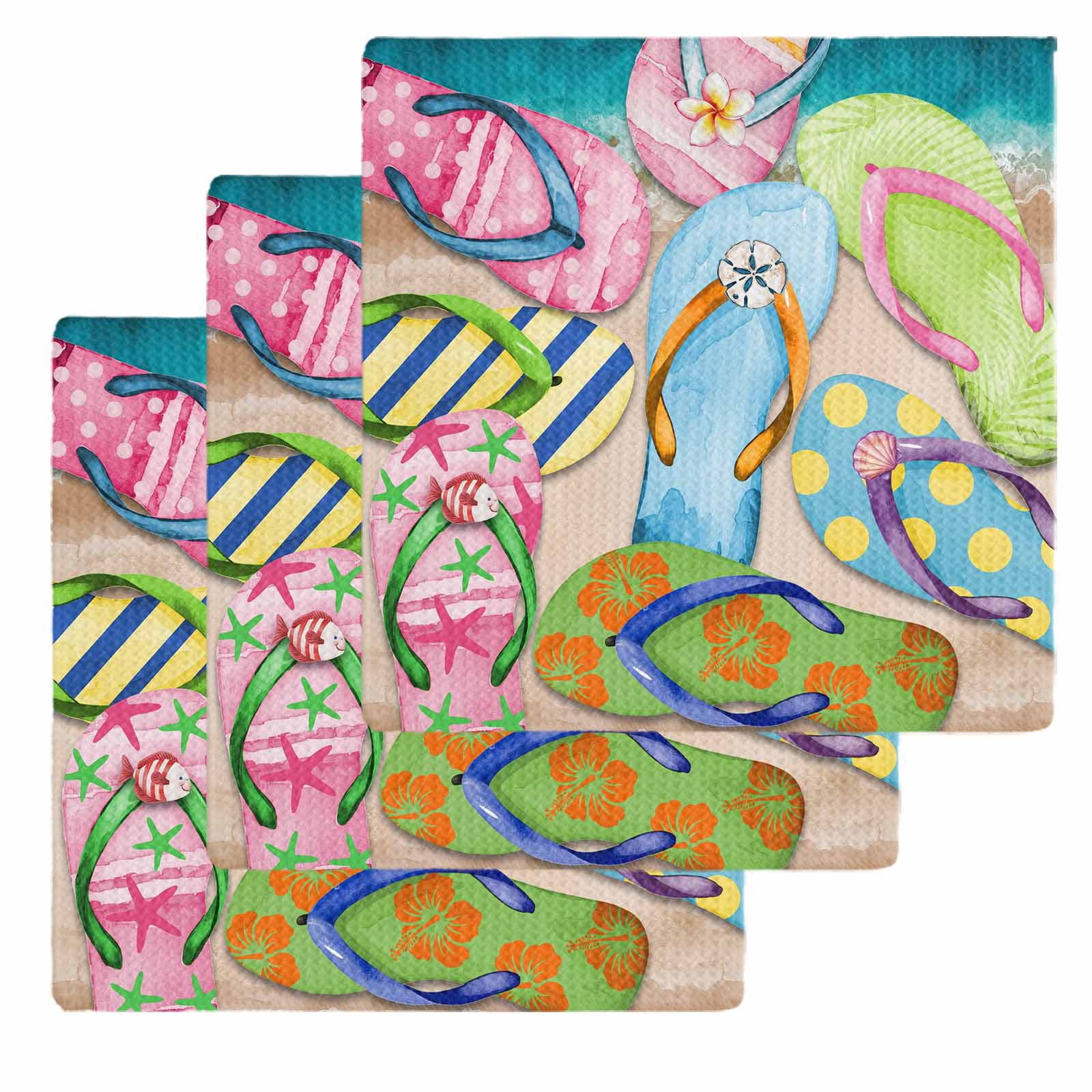 Colorful Flip Flops Dish Towels Set, Waffle Weave Kitchen Towels 3 Pieces, Summer Blue Beach Ocean Microfiber Hair Face Bath Tea Towel Absorbent Quick Drying Cleaning Dish Cloths 12"x12"