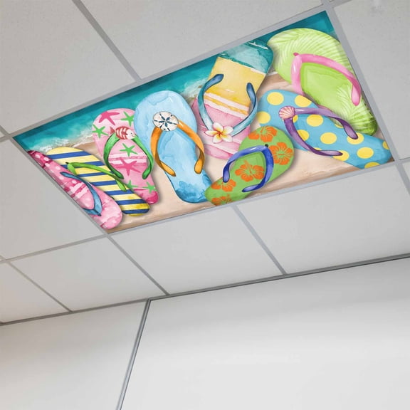 Colorful Flip Flops Fluorescent Light Covers, Summer Blue Beach Ocean Magnetic Light Covers for Ceiling Lights, Fluorescent Ceiling Shade Filters for Classroom Bedroom Office 4x2Ft x 1PCS