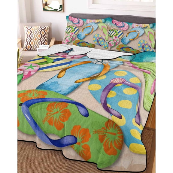 Colorful Flip Flops Full Size Down Alternative Comforter, Lightweight Comforter Quilt Bedding Set with Pillow Shams Summer Blue Beach Ocean All Seasons Bed Comforter Duvet Insert 78"x90"