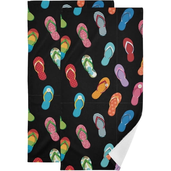 Colorful Flip Flops Hand Towels 2 PCS, Happy Summer Kitchen Towel Ultra Soft and Highly Absorbent,Decorative Fingertip Face Towel for Bathroom Hotel, 28.3"x14.4"