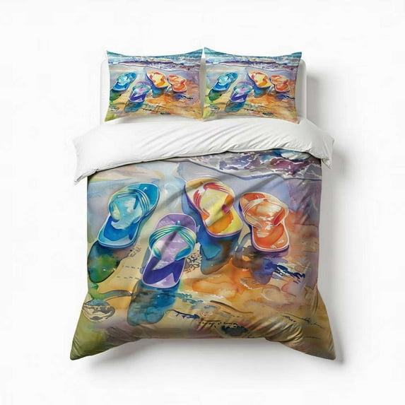 Colorful Flip Flops On Beach Bedding Set 3 Pcs Soft Microfiber Quilt Cover For Bedroom Decor, Comforter Cover With 2 Pillowcase