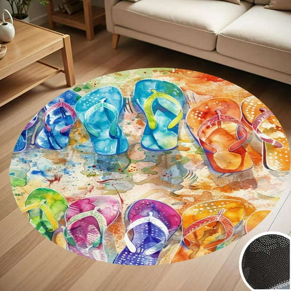 Colorful Flip Flops On Beach Round Carpet Living Room Bedroom Home Decoration Coffee Table Mat Lounge Rug Chair Mats