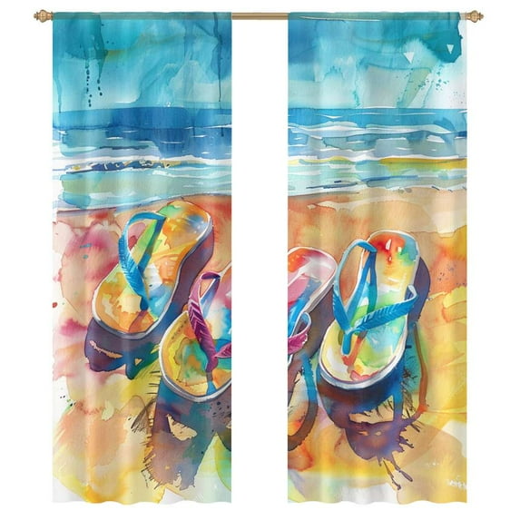 Colorful Flip Flops On Beach Sheer Voile Curtain Window Tulle Curtains For Living Room Bedroom Modern Curtain