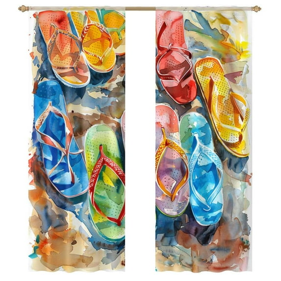 Colorful Flip Flops On Beach Tulle Curtains For Living Room Chiffon Sheer Voile Kitchen Bedroom Curtain Drapes