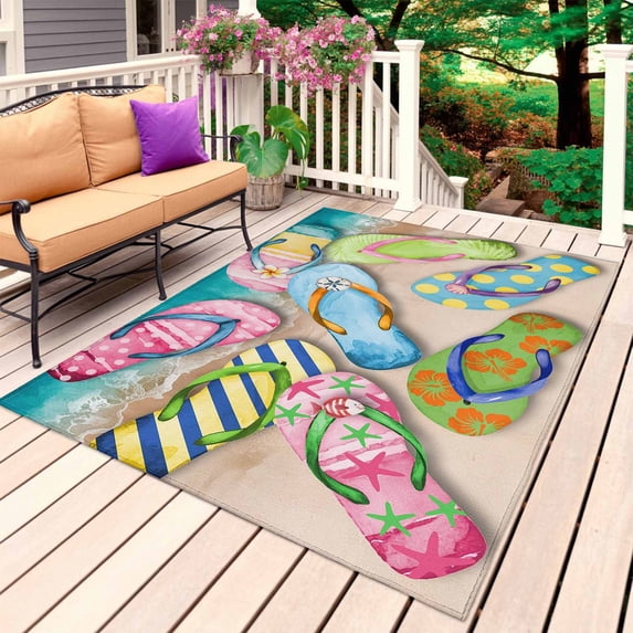 Colorful Flip Flops Outdoor Rug for Patio/Deck/Porch, Non-Slip Large Area Rug 3 x 5 Ft, Summer Blue Beach Ocean Indoor Outdoor Rugs Washable Area Rugs, Reversible Camping Rug Carpet Runner